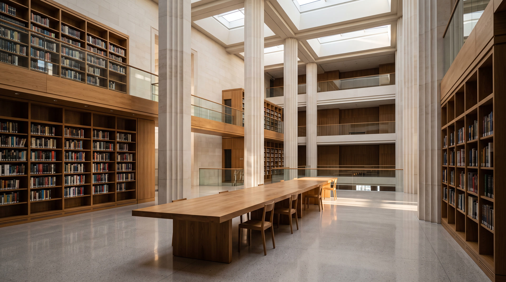 A grand modern library atrium in morning light, tall stone columns and oak shelves over a long empty reading table.