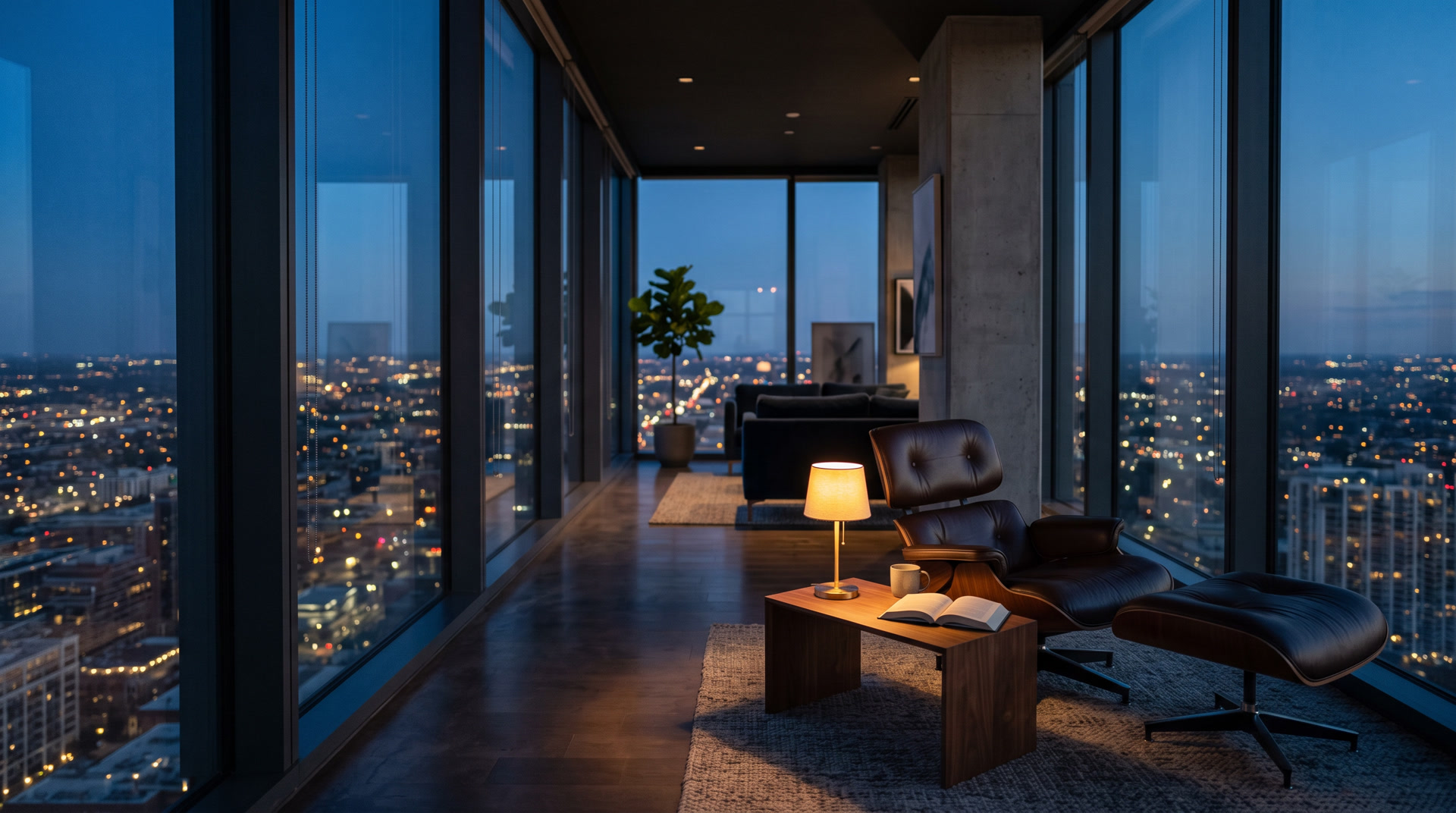 An office lounge high above a city at dusk, one leather armchair beside a warm lamp at floor to ceiling glass.