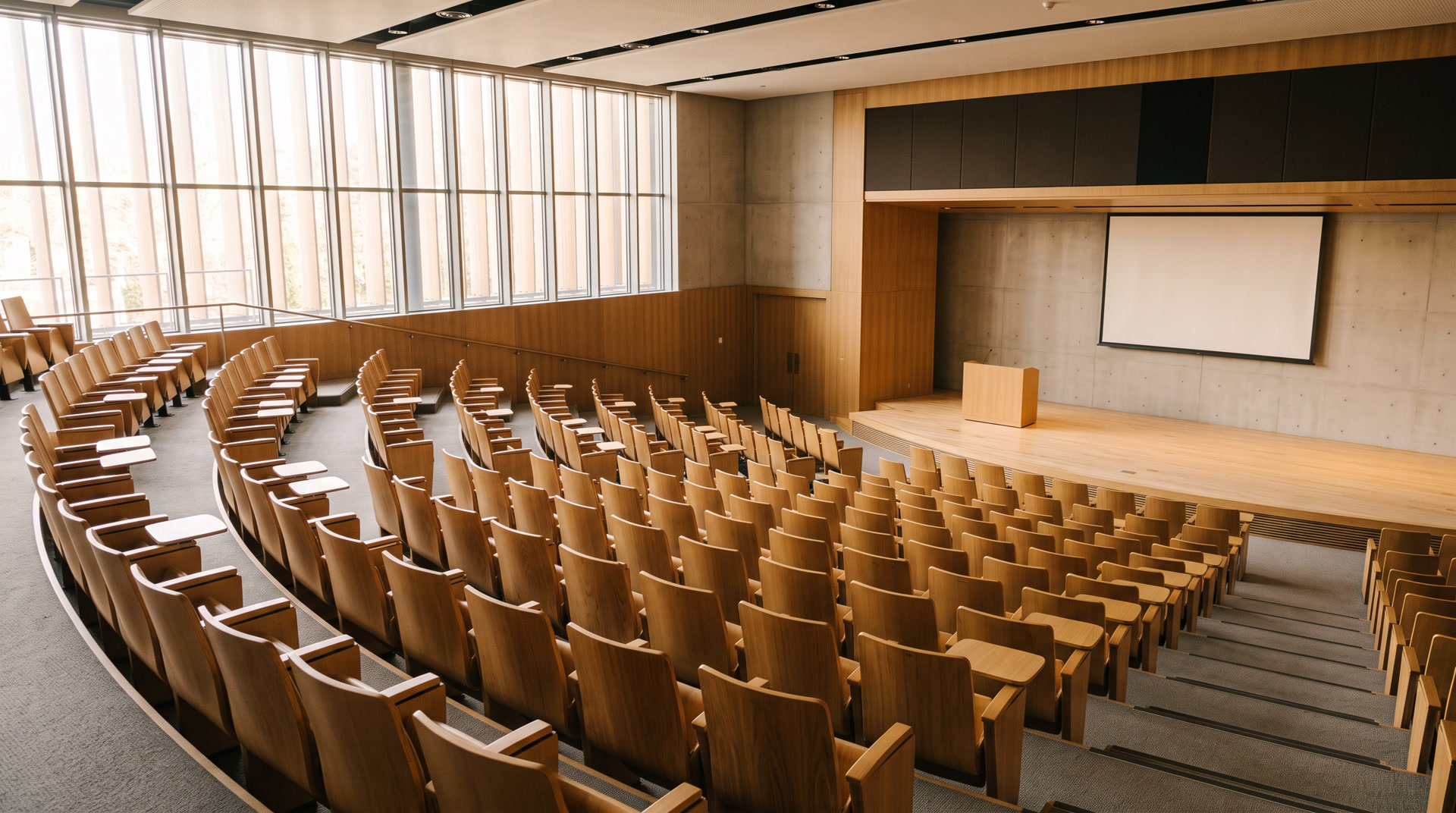 An empty modern lecture hall in warm morning light, rows of oak seats facing a clean stage.